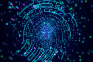 Digital generated image of data forming fingerprint icons on black background.